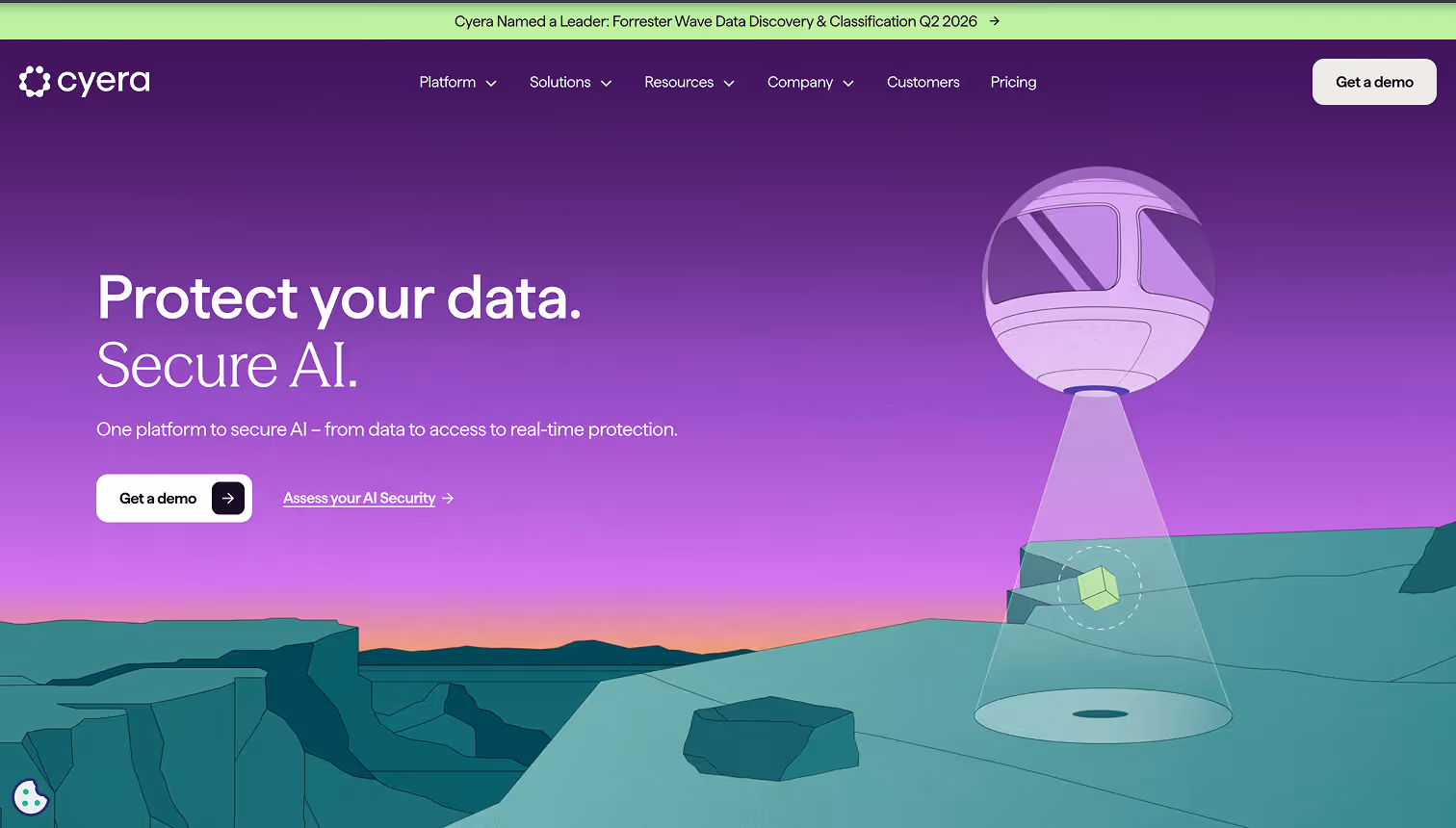 Cyera website homepage with purple gradient background, promoting data protection with AI and a futuristic spotlight scanning a green cube in a rocky landscape.