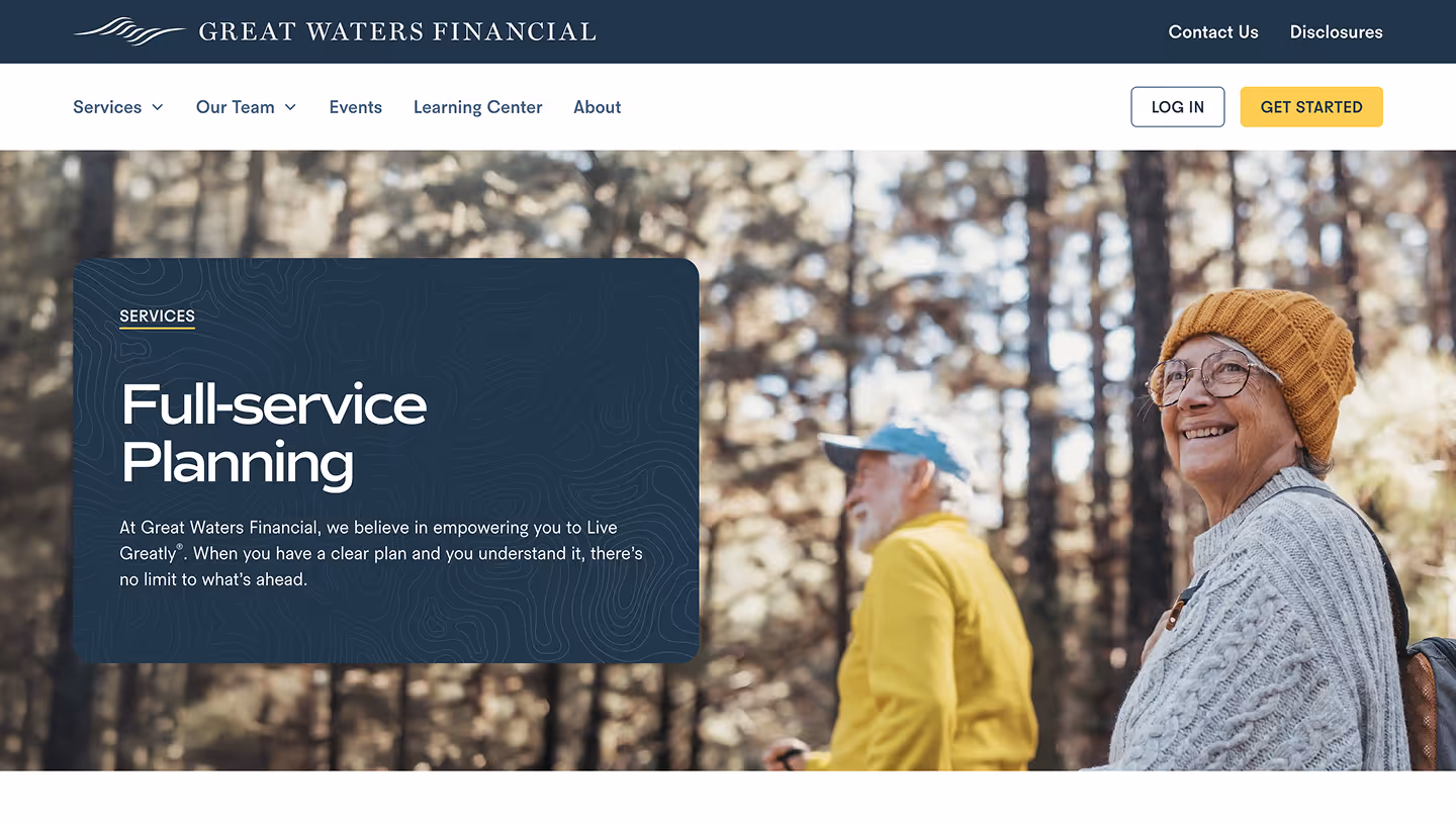 Older woman wearing a mustard knit hat and glasses smiling with a blurred older man in a yellow jacket and blue hat walking in a forest background, alongside text about full-service financial planning.