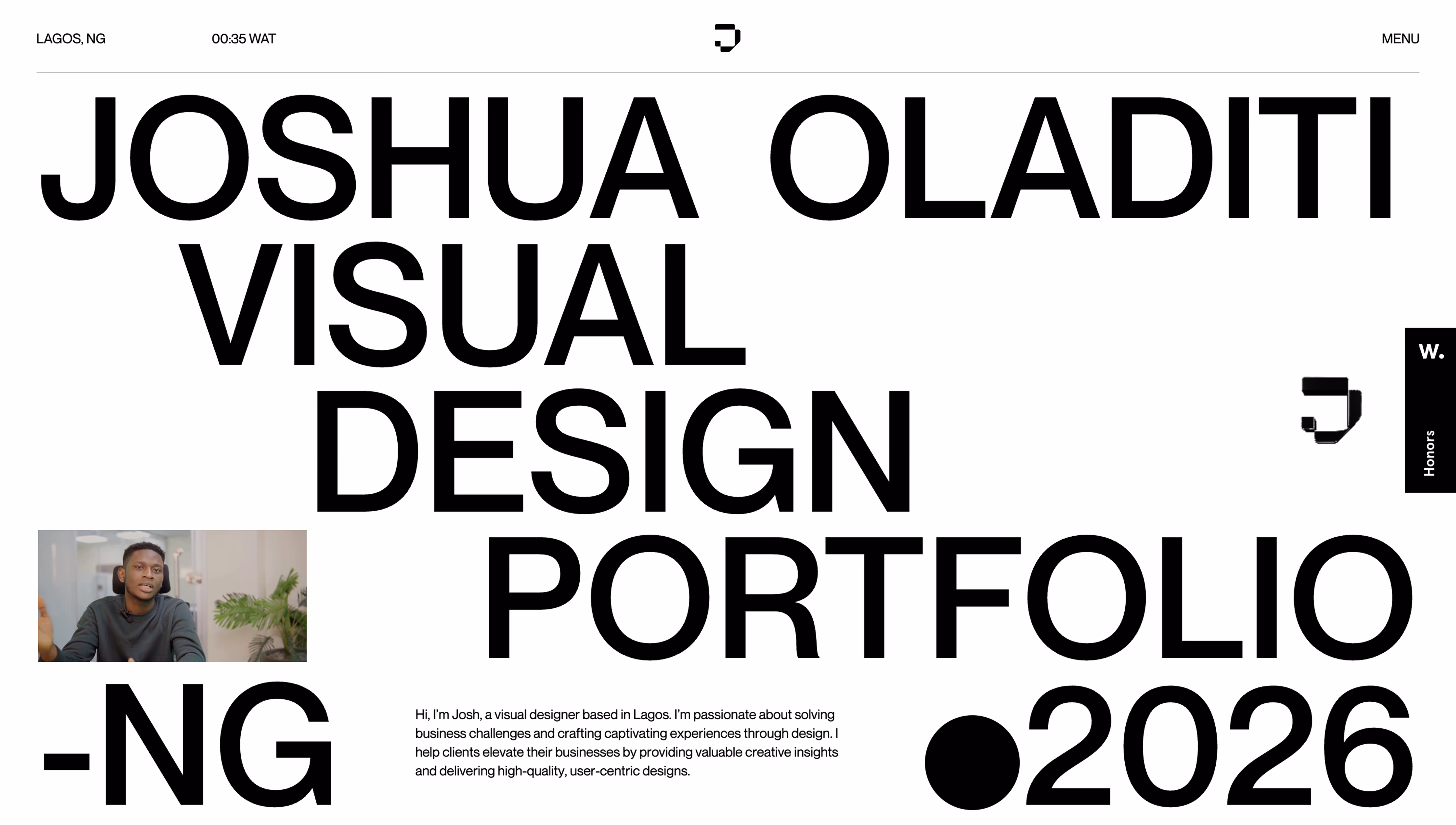 Joshua Oladiti Visual Design Portfolio 2026 homepage with introduction text and a small photo of a man speaking.