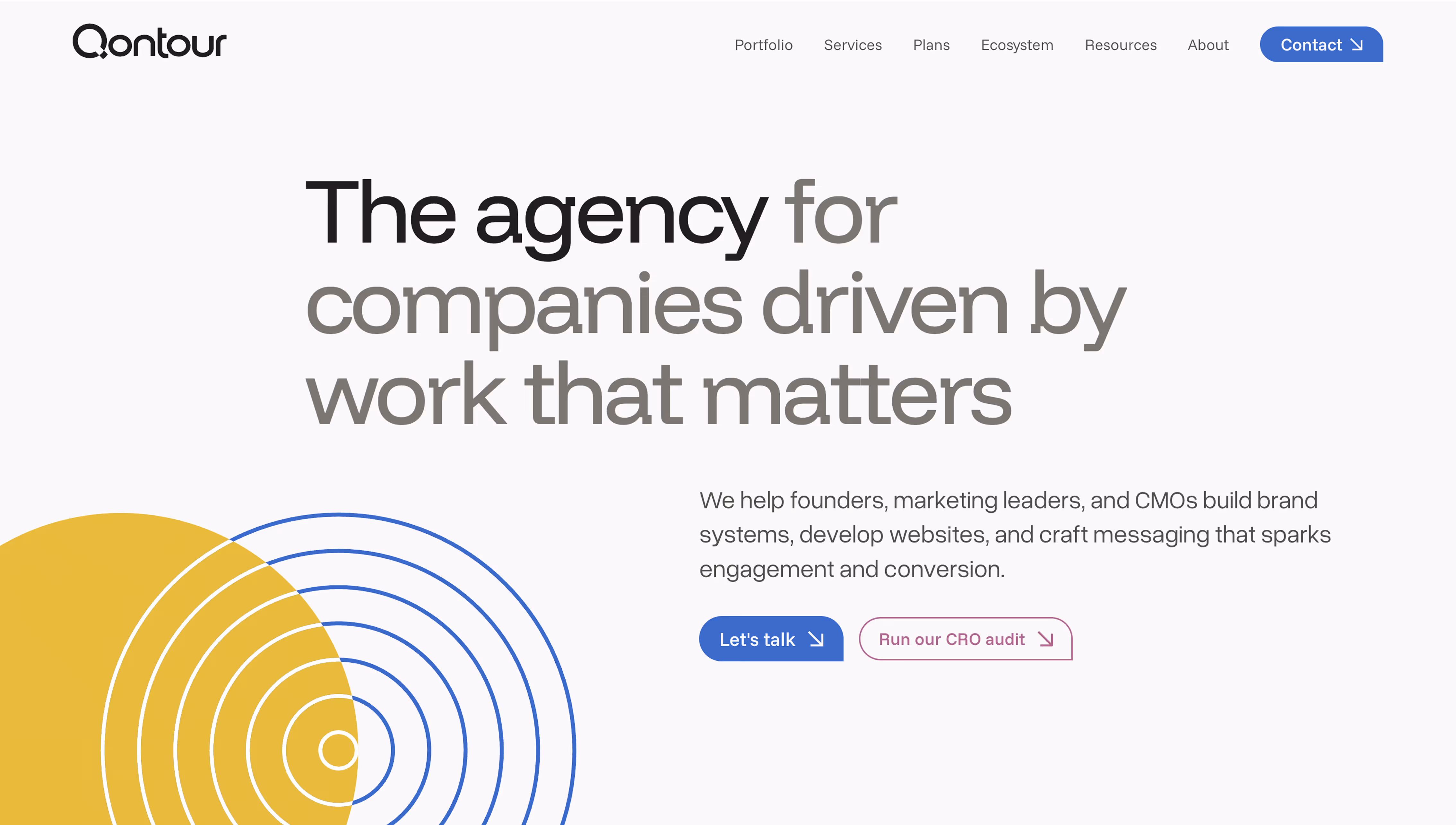 Qontour homepage with tagline 'The agency for companies driven by work that matters' and call-to-action buttons 'Let's talk' and 'Run our CRO audit'.